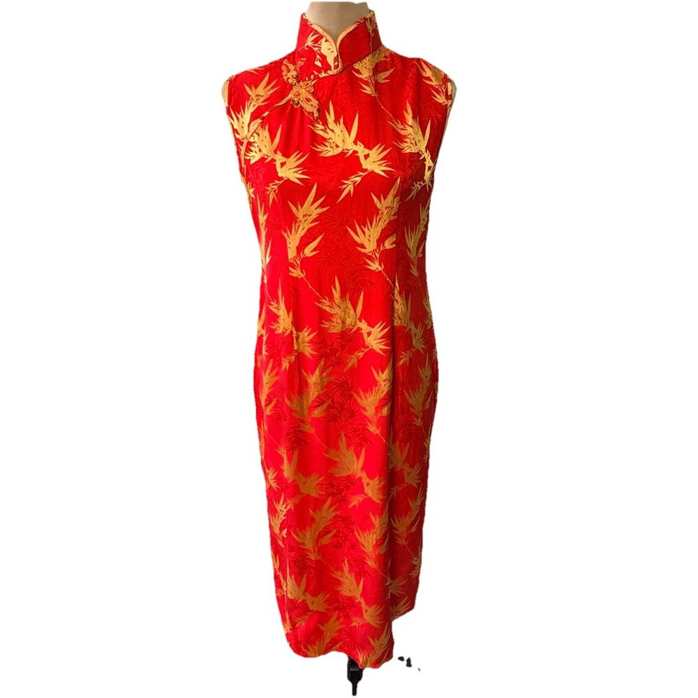 Vintage‎ Cheongsam Dress mandarin collar Medium jacquard Satin Red Gold Bamboo